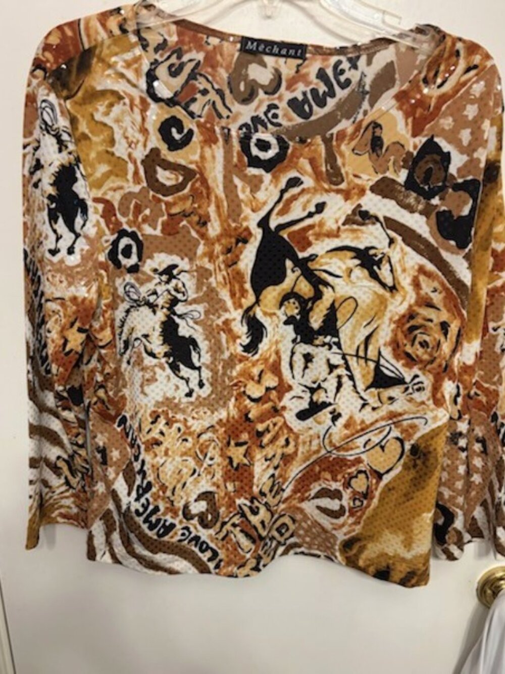 Sequin Western Graphic Top Cowboy Rodeo Horse Print Blouse 90s Y2K Mechant Vtg